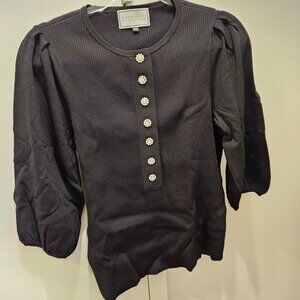 BEAUTIFUL black knit sweater puffy sleeves and crystal buttons
